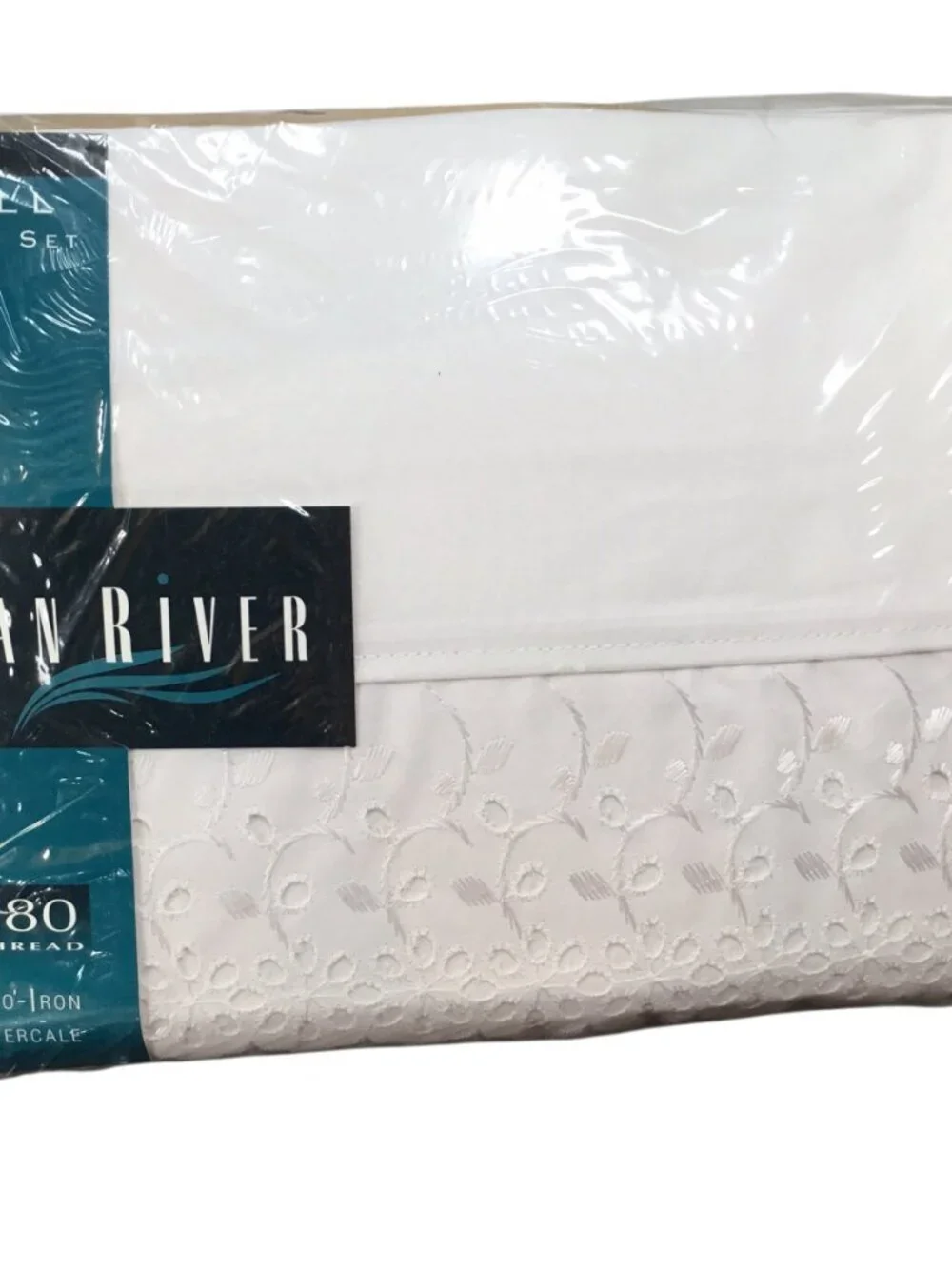 Dan River NOS No Iron Percale Sheet Set White Eyelet Full Double 180 Thread Ct